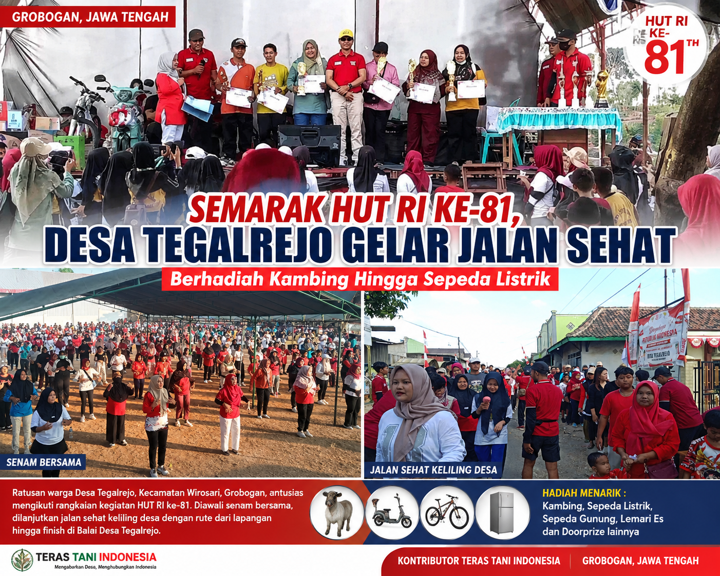 Semarak HUT RI ke-81, Desa Tegalrejo Grobogan Gelar Jalan Sehat Berhadiah Kambing hingga Sepeda Listrik